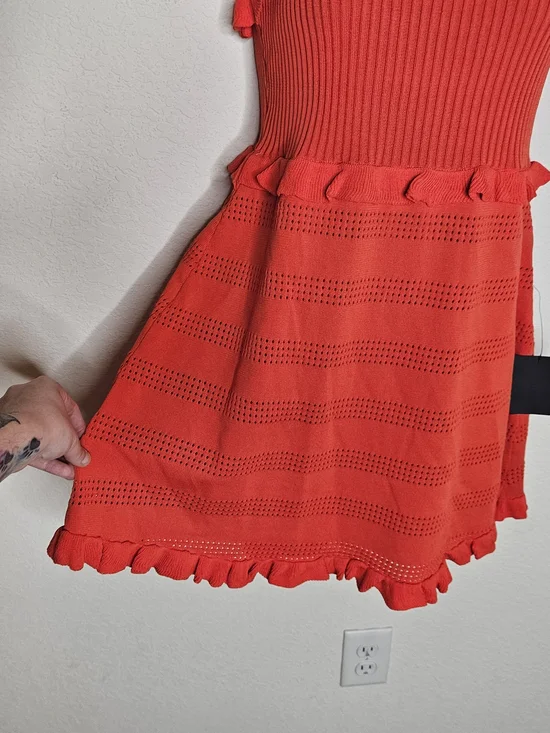 Lulus Red Orange Ruffle Strap Knit Mini Dress L Sleeveless Fit & Flare NWT - Picture 5 of 11